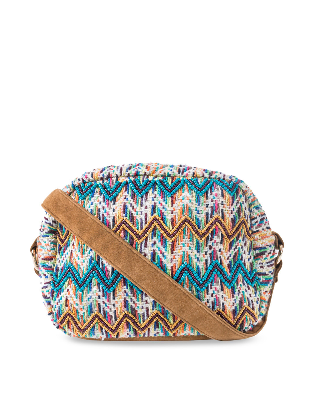 

TEAL BY CHUMBAK Multicoloured Jacquard Woven Self Design Sling Bag, Beige
