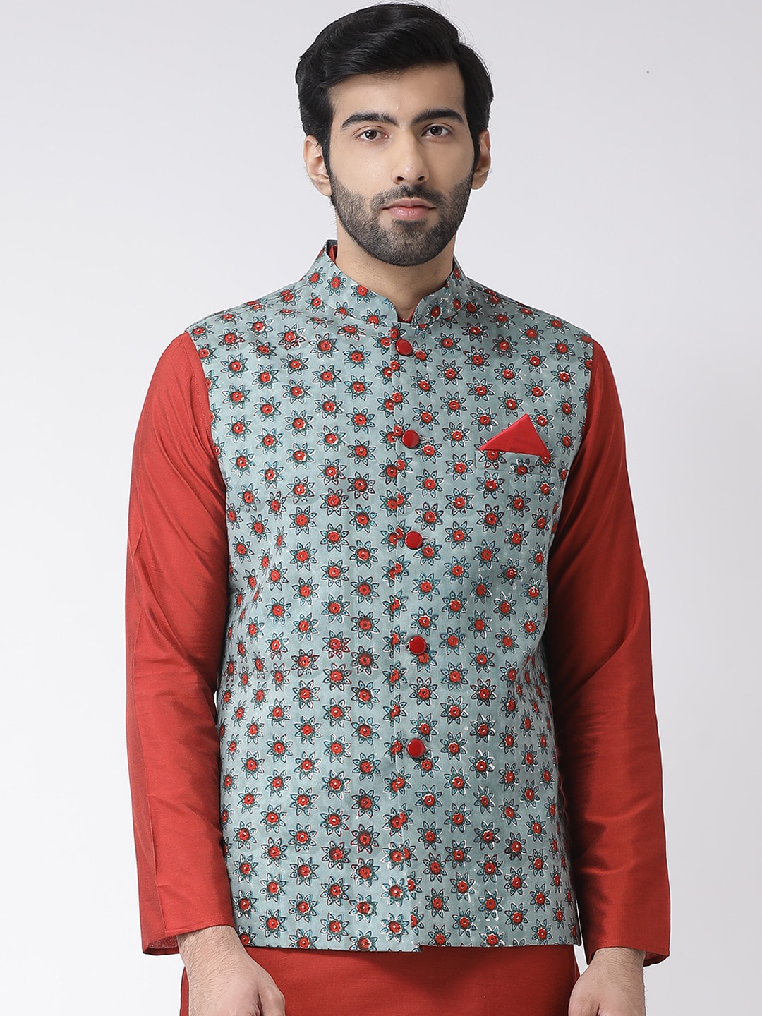 

KISAH Men Teal Green & Red Printed Pure Cotton Nehru Jacket