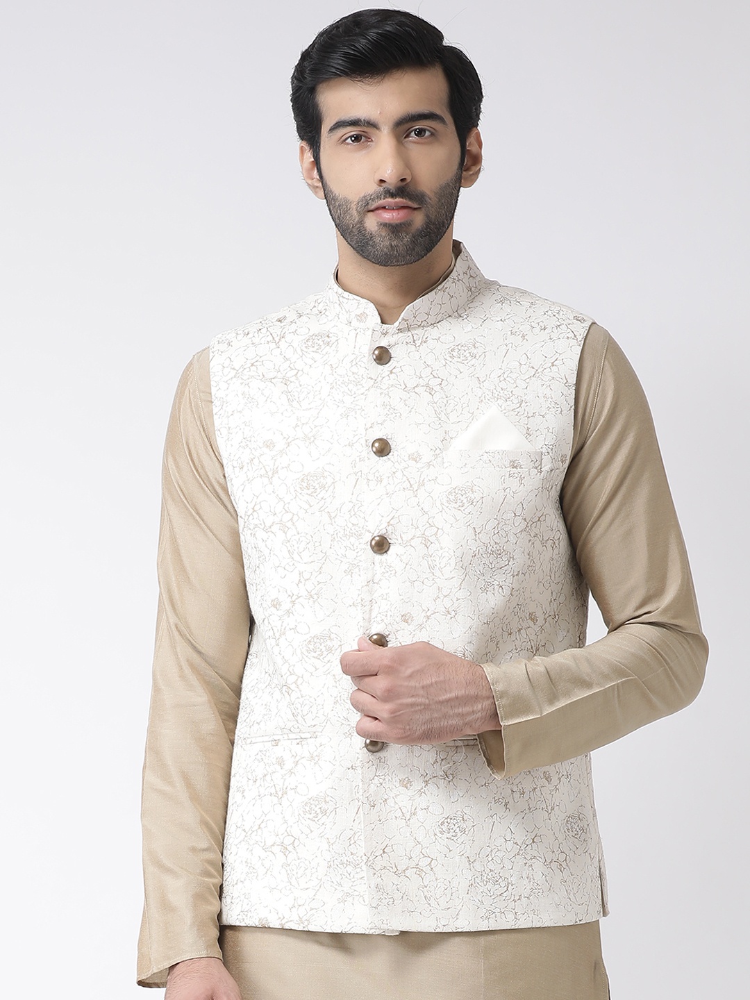 

KISAH Men Printed Zari Regular Fit Nehru Jacket, White