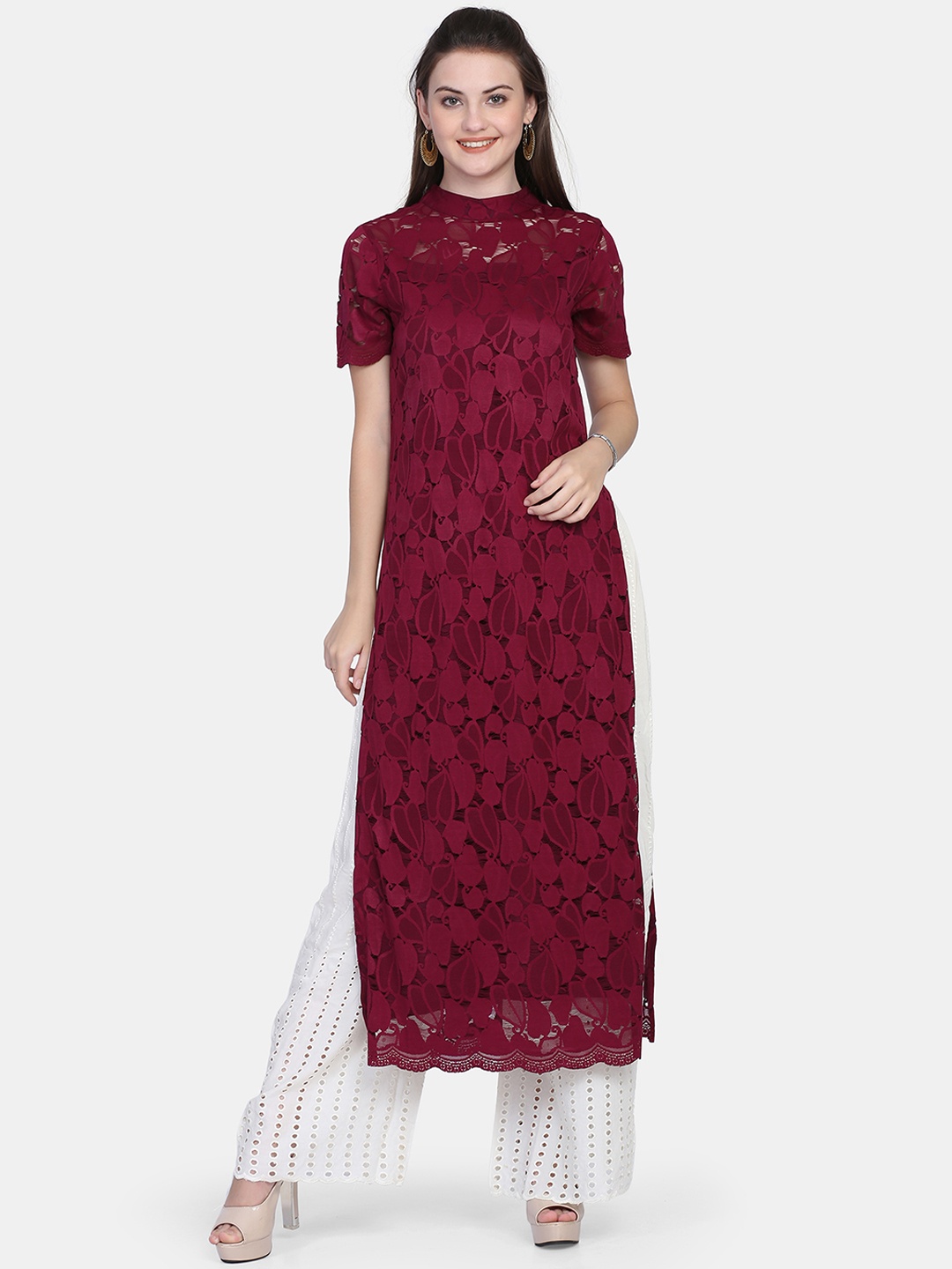 Ojjasvi Women Burgundy Lace Straight Kurta