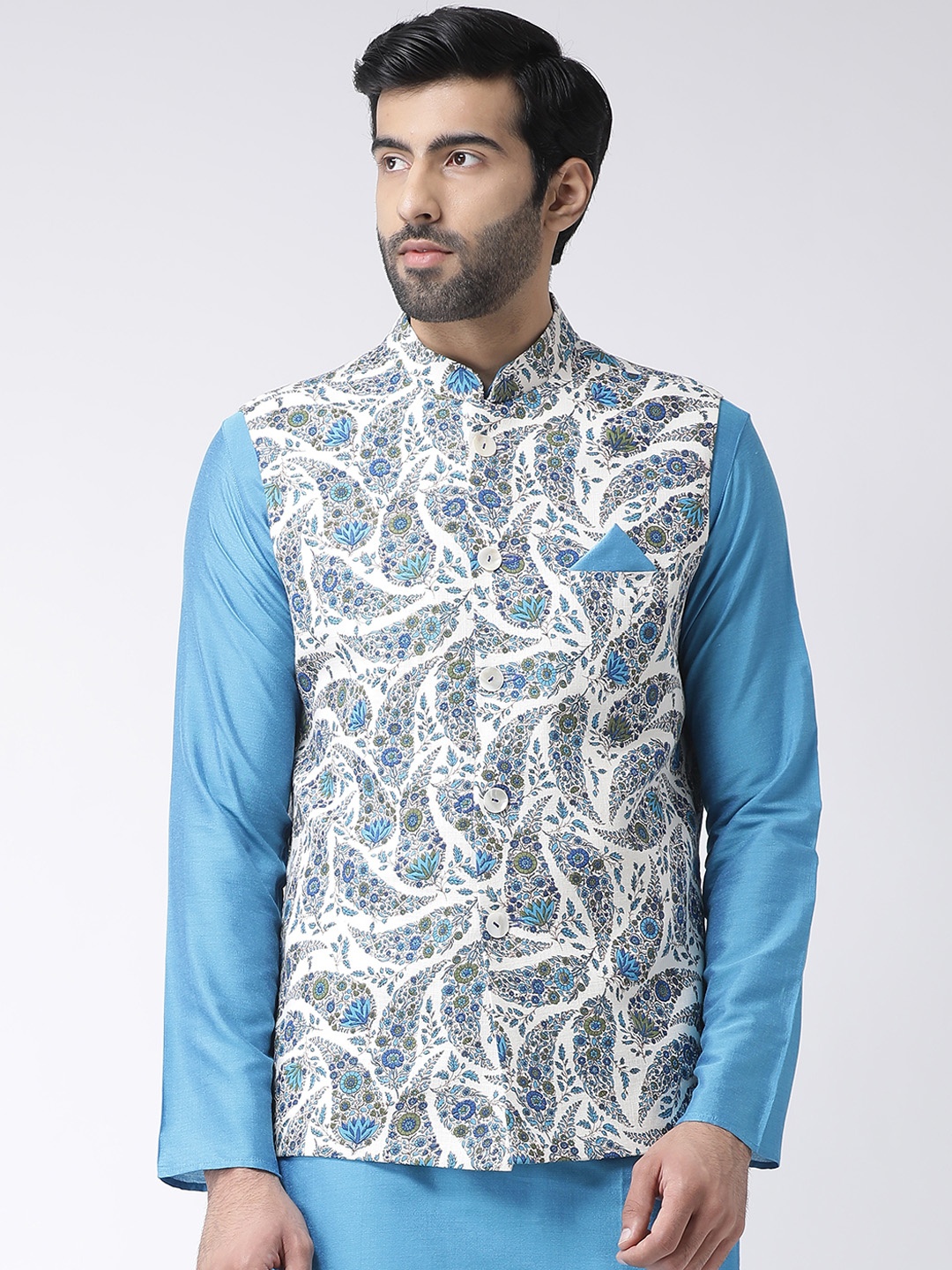 

KISAH Men White & Grey Printed Pure Cotton Nehru Jacket