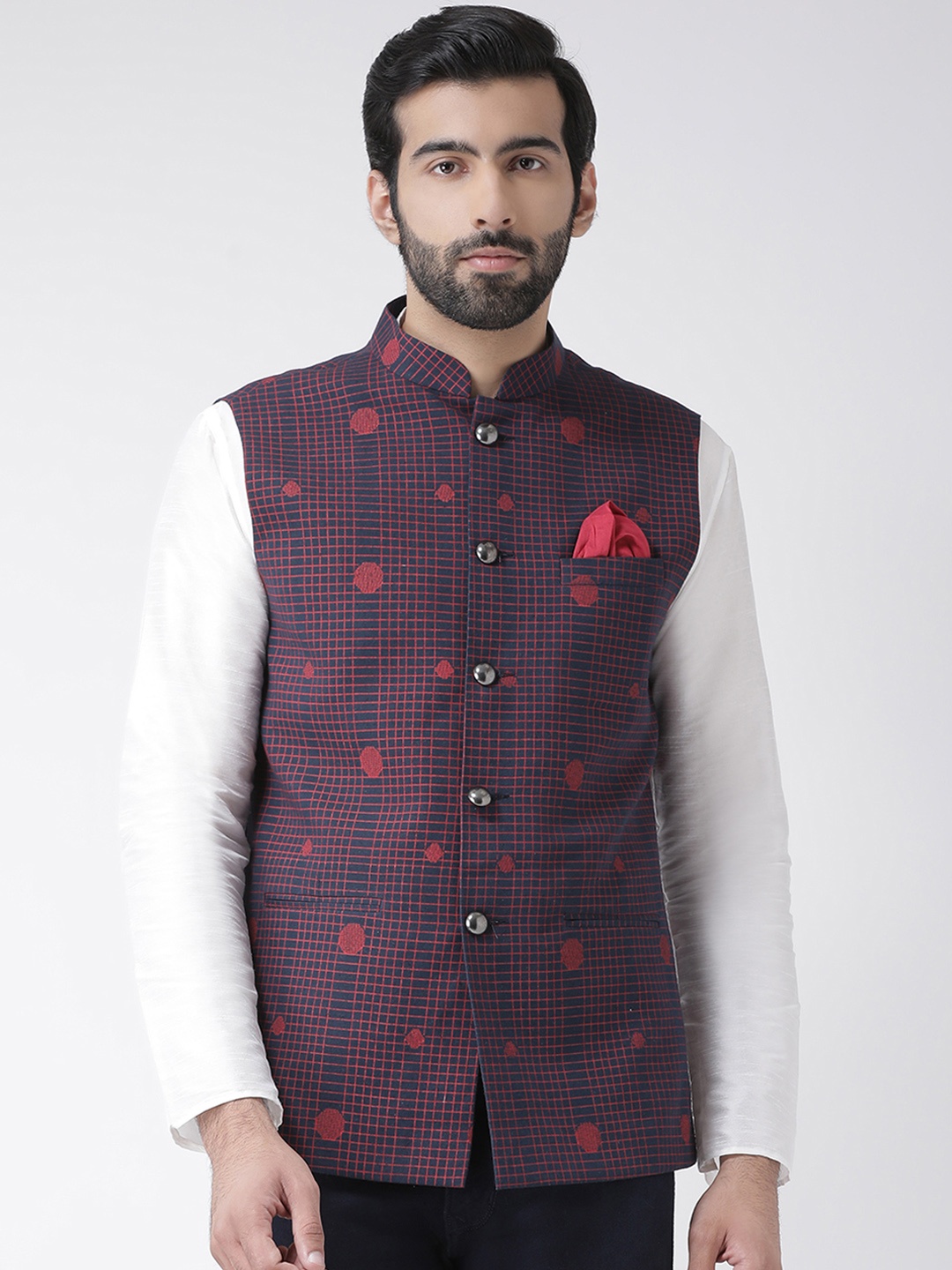 

KISAH Men Navy Blue & Red Checked Nehru Jacket