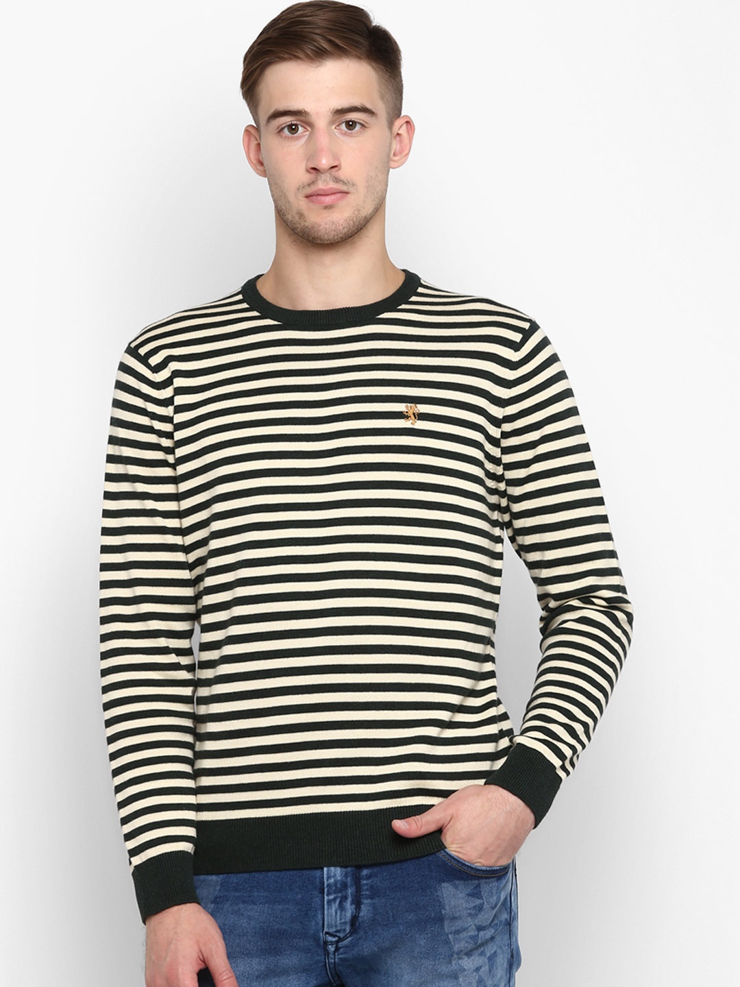 Red Tape Men Beige & Green Solid Sweater