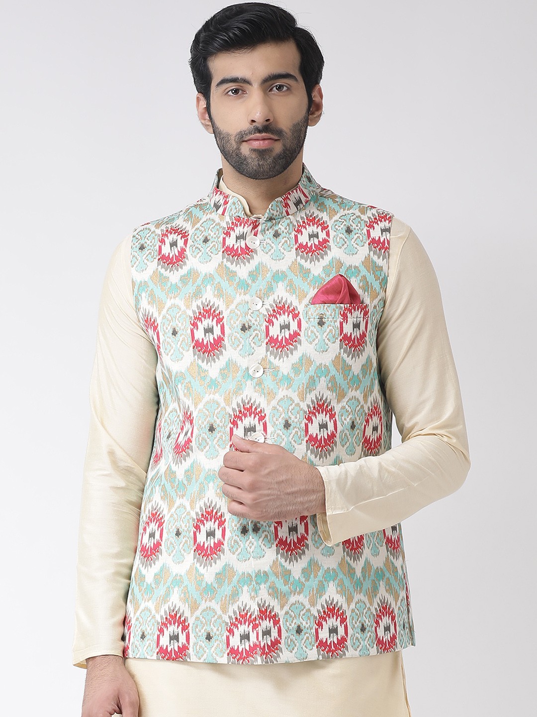 

KISAH Men Turquoise Blue & Pink Printed Pure Cotton Nehru Jacket