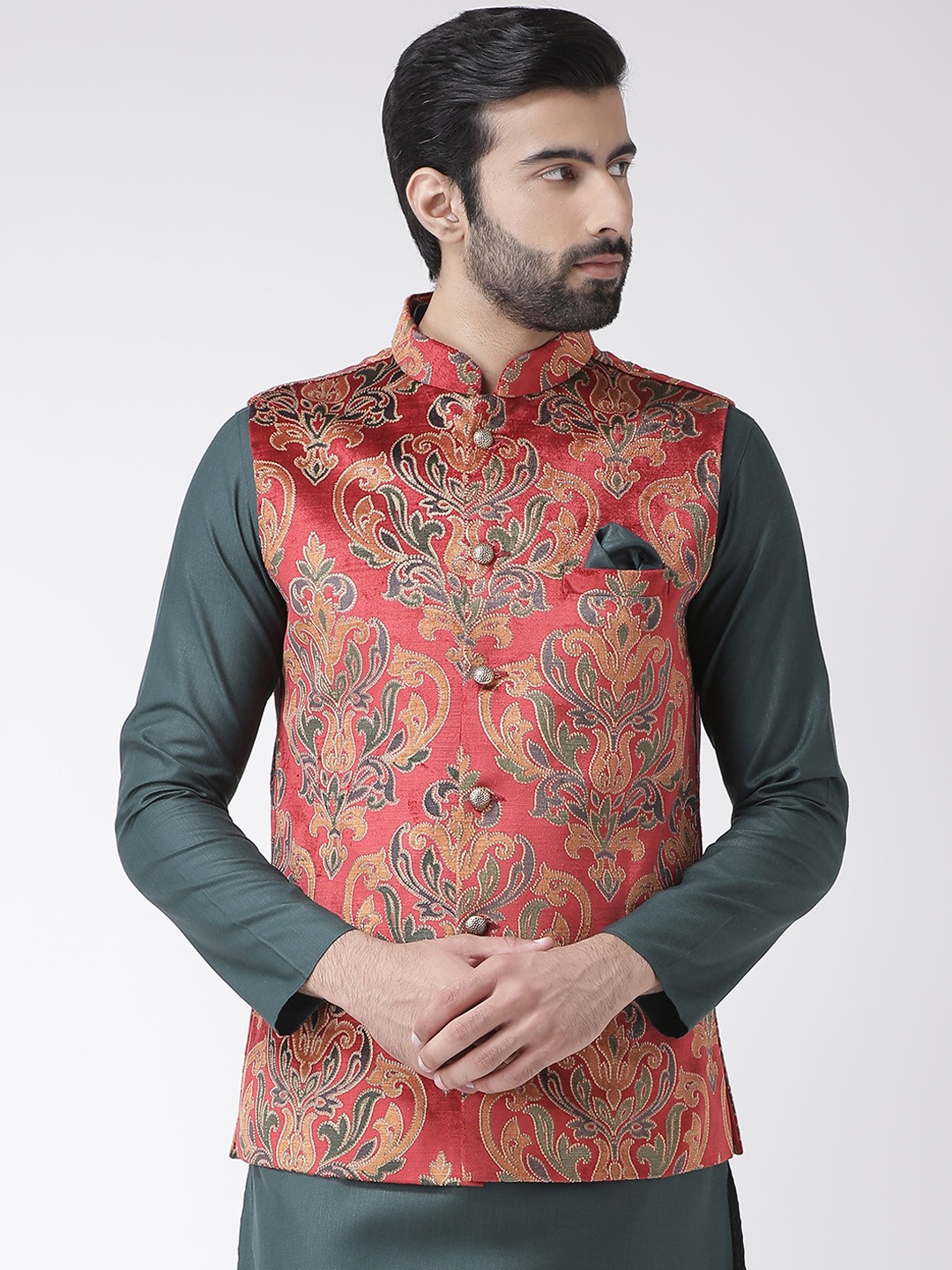 

KISAH Men Red & Green Printed Nehru Jacket