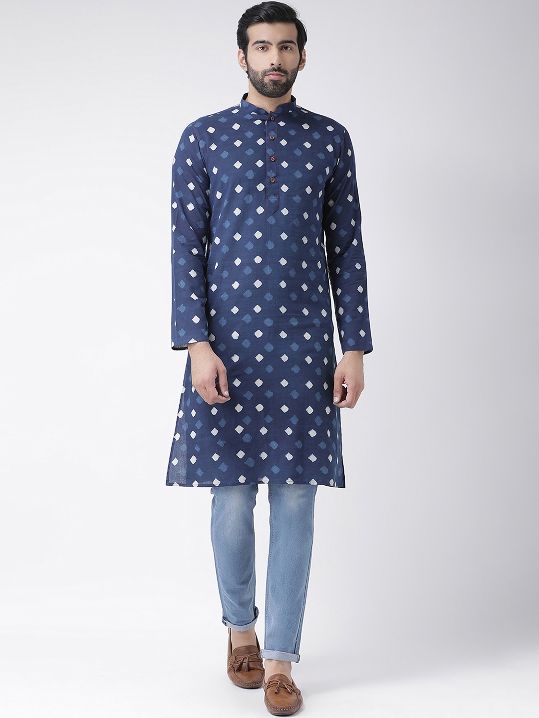 

KISAH Men Blue & White Printed Handloom Straight Kurta