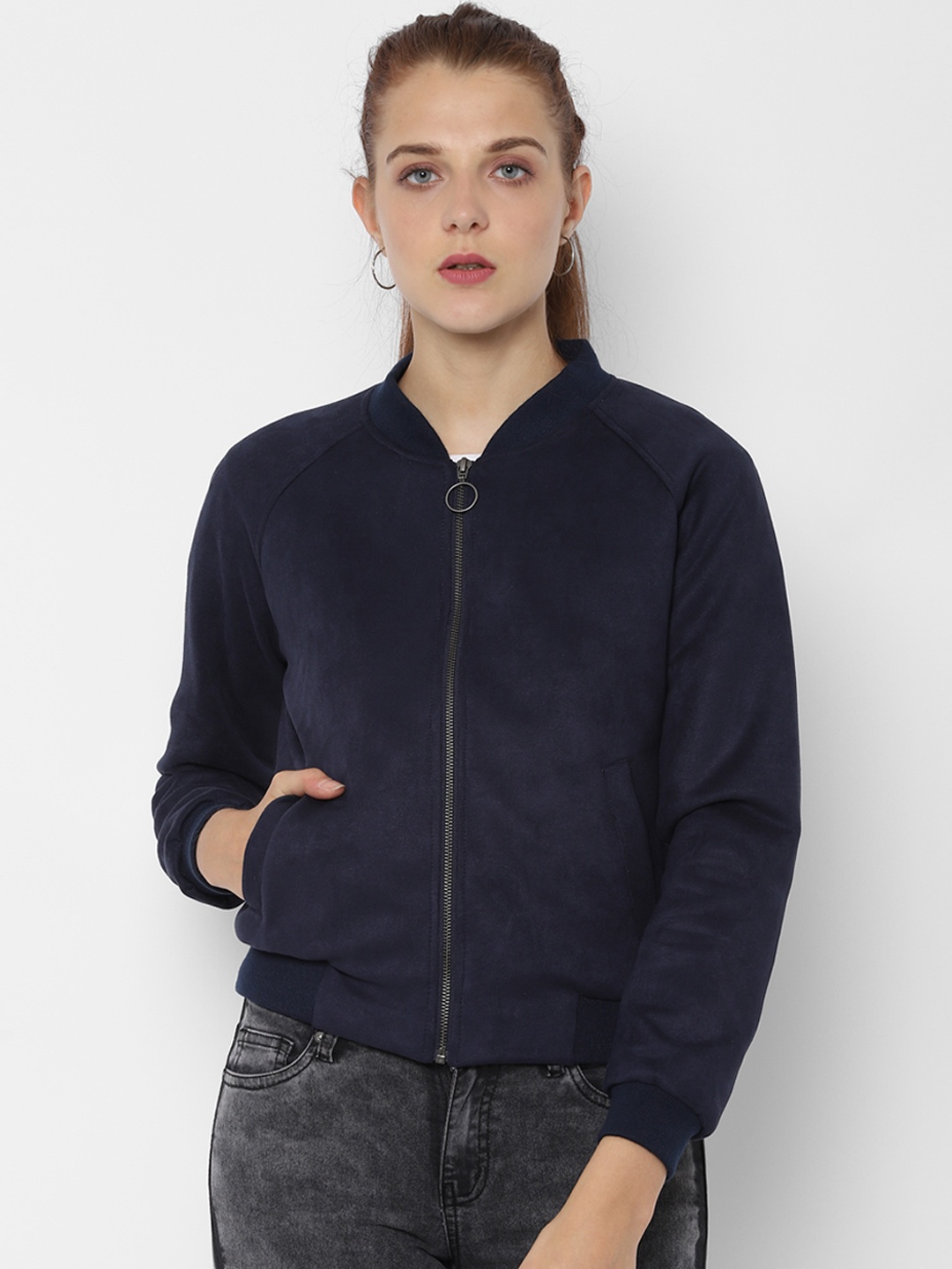 

People Women Navy Blue Solid Bomber Jacket