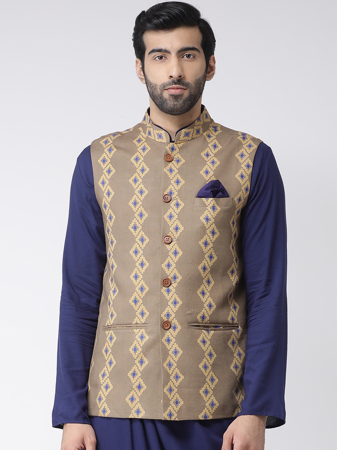 

KISAH Men Khaki & Blue Printed Nehru Jackets