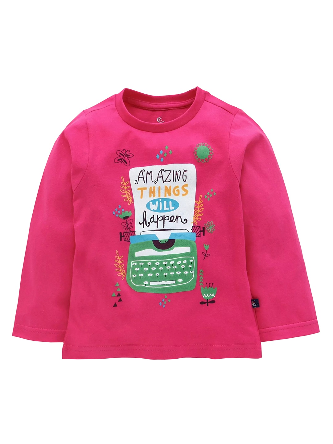 

KiddoPanti Girls Pink Printed Round Neck Pure Cotton T-shirt