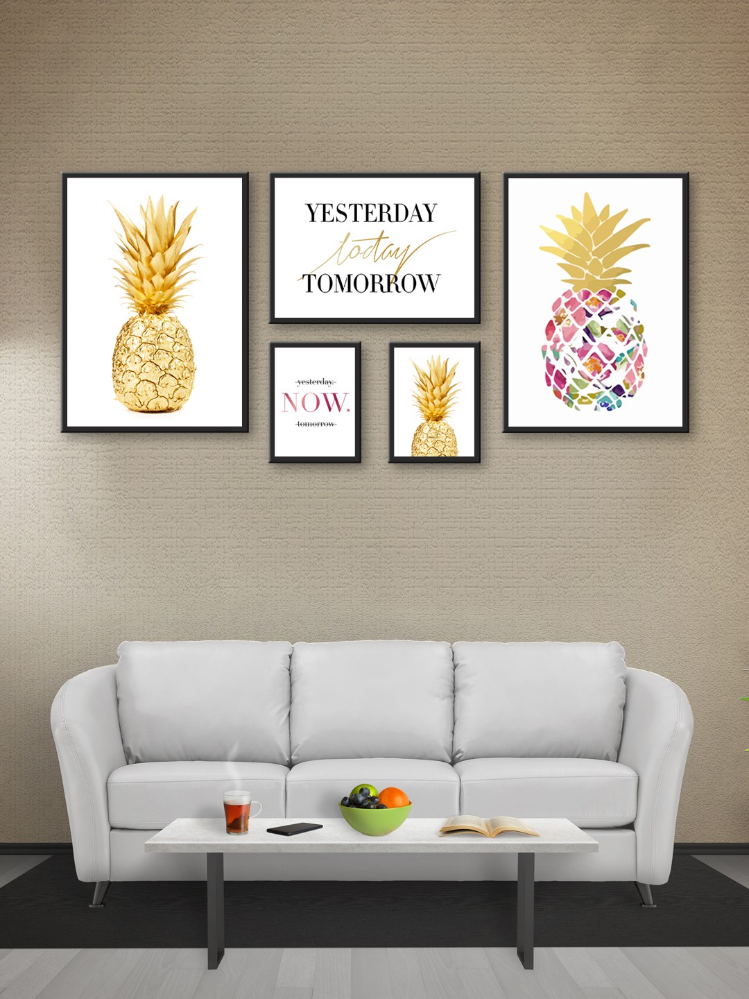 

999Store Set of 5 White & Gold-Toned Printed MDF Wall Art
