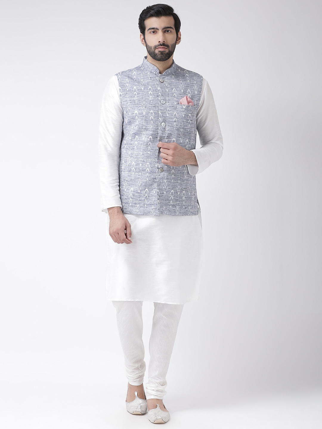 

KISAH Men White & Blue Solid Kurta Set & Jacket