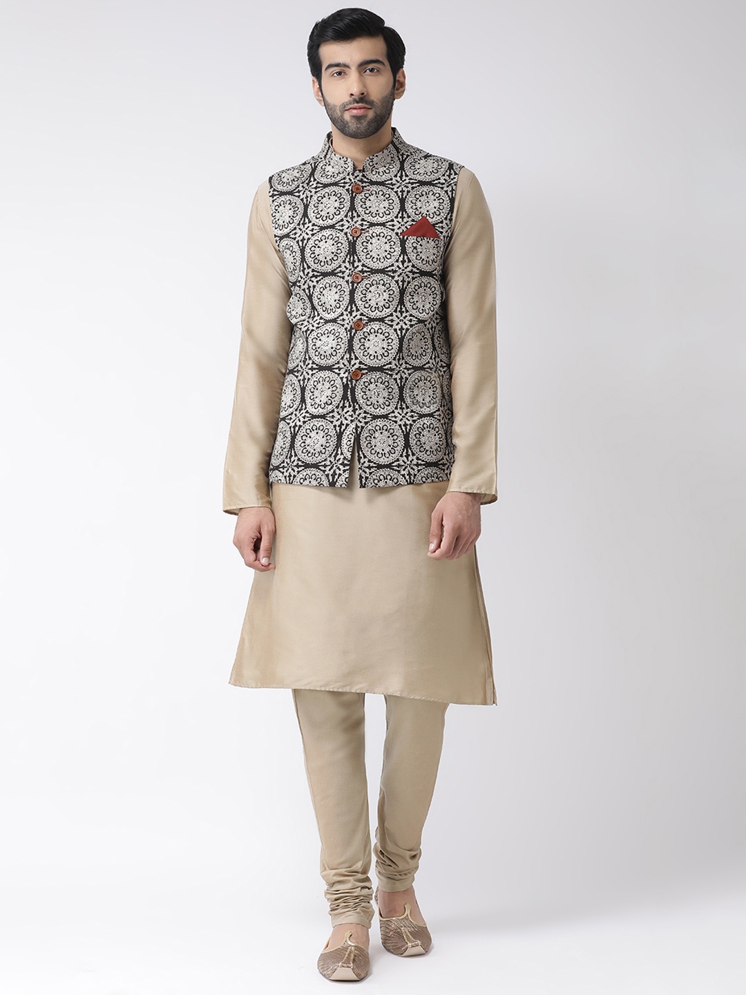 

KISAH Men Black & Beige Printed Kurta with Churidar & Nehru Jacket