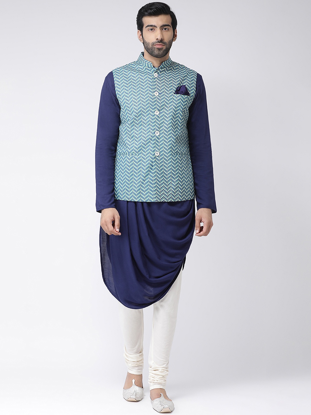 

KISAH Men Blue & White Printed Kurta with Churidar & Nehru Jacket