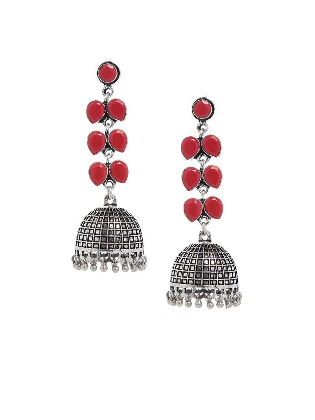 

Bamboo Tree Jewels Red & Silver-Toned Dome Shaped Jhumkas