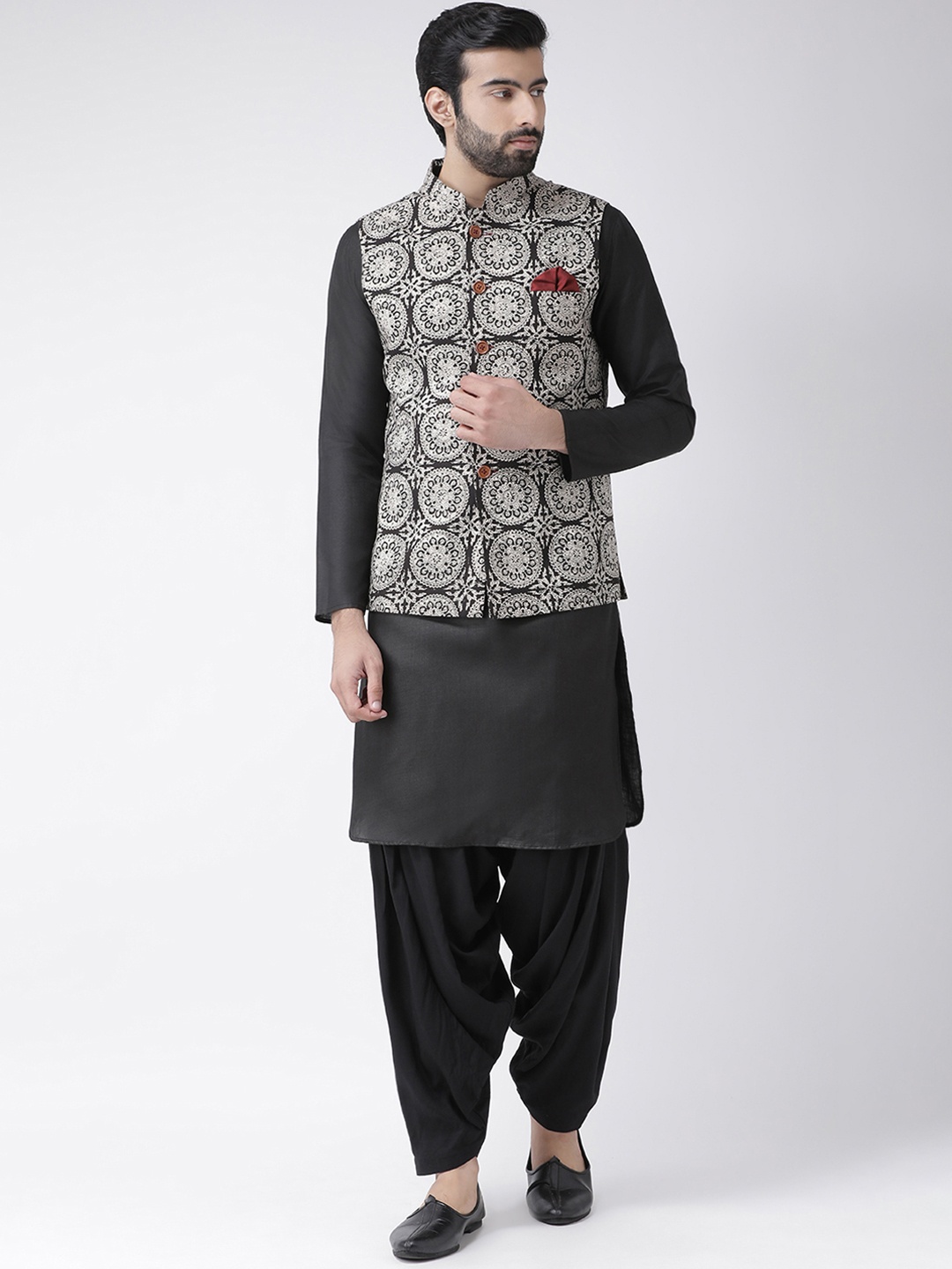 KISAH Men Black & White Printed Kurta with Patiala & Nehru Jacket