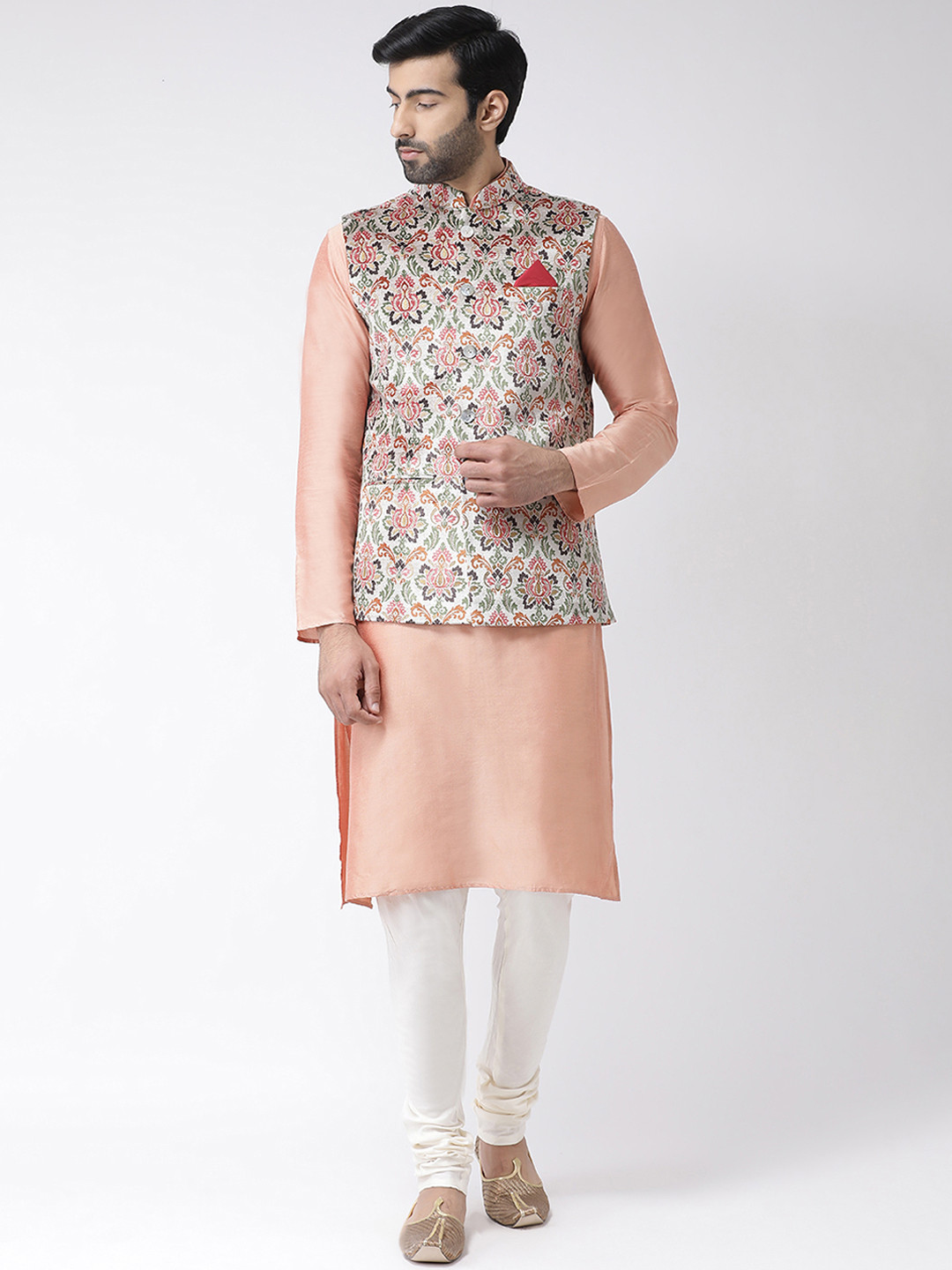 

KISAH Men Peach-Coloured Solid Kurta with Churidar