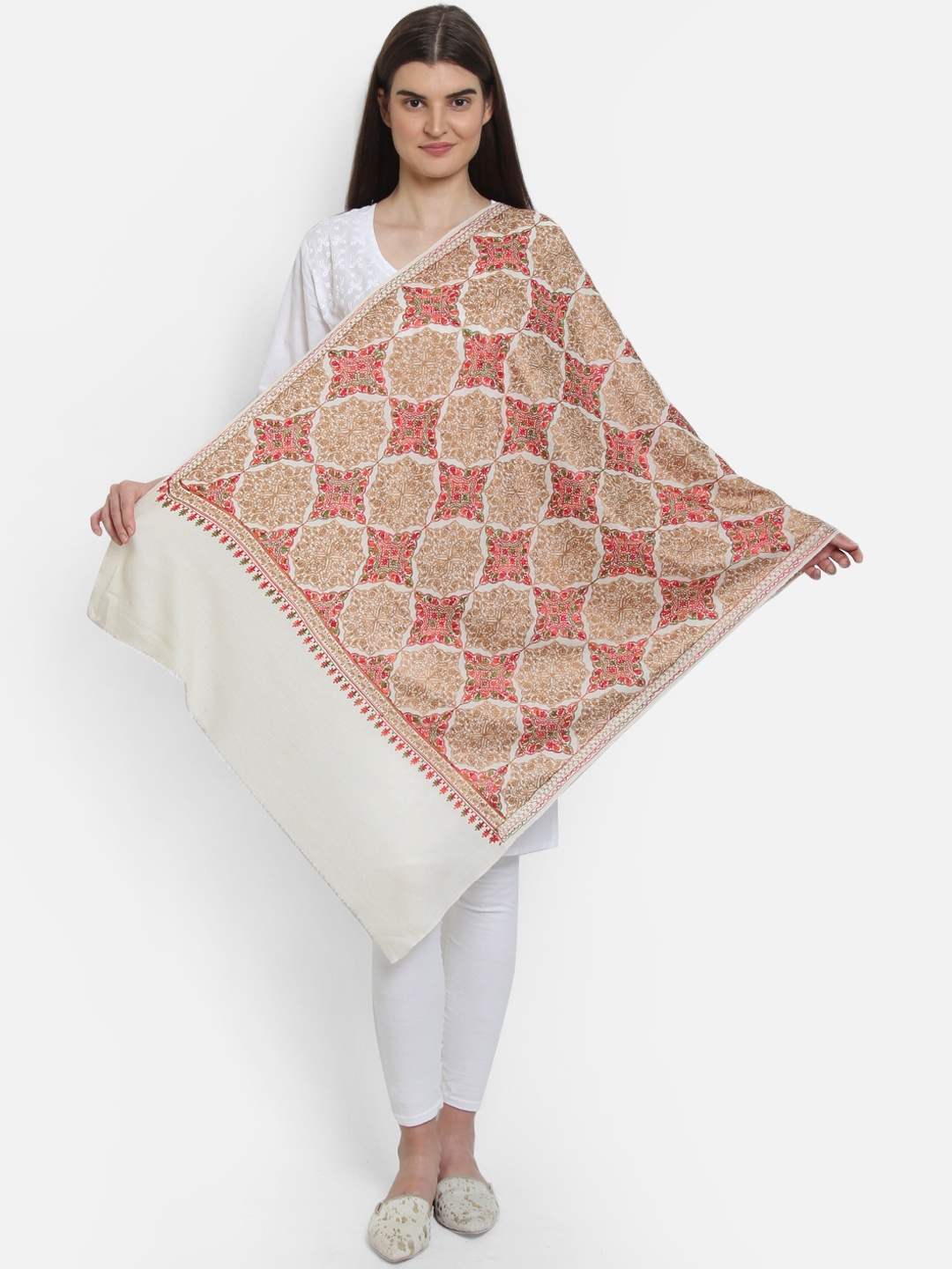 

Anekaant Women Off White & Red Embroidered Shawl