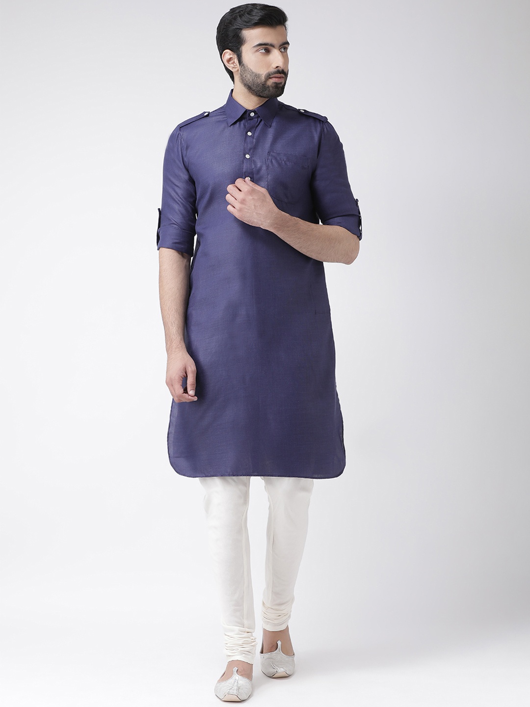 

KISAH Men Navy Blue & Cream-Coloured Solid Kurta with Churidar