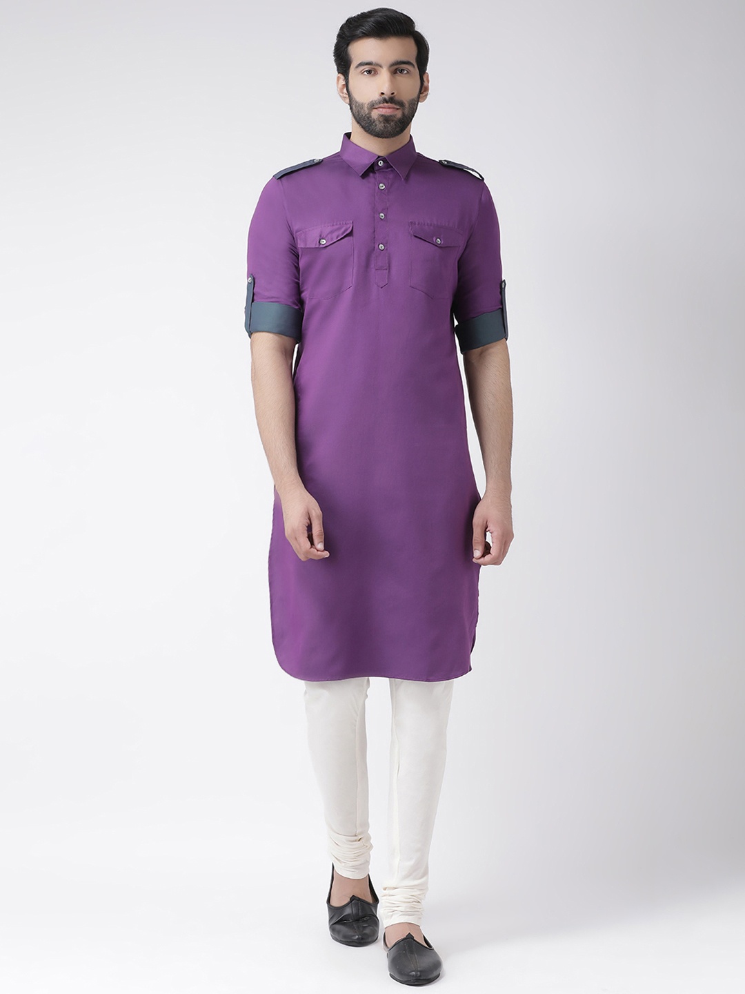 KISAH Men Purple & Beige Solid Kurta with Churidar