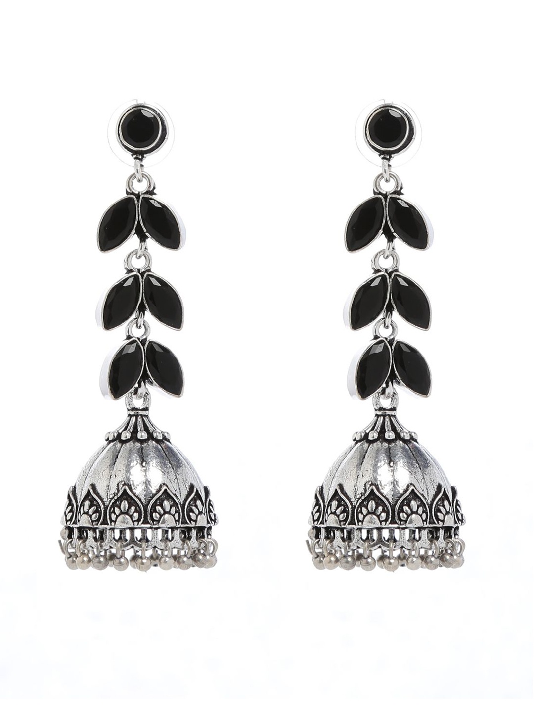 

Bamboo Tree Jewels Black & Silver-Toned Dome Shaped Jhumkas