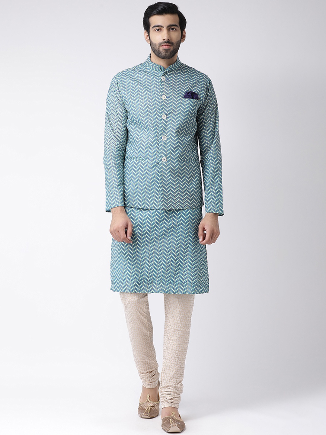 

KISAH Men Sea Green & White Chevron Striped Kurta with Churidar & Nehru Jacket