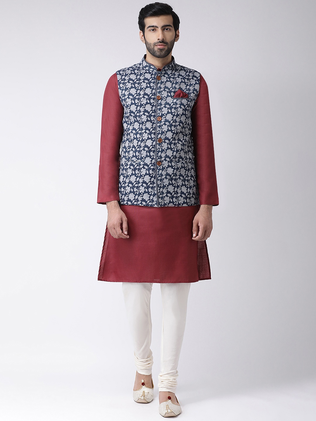 

KISAH Men Blue & Maroon Printed Kurta with Churidar & Nehru Jacket