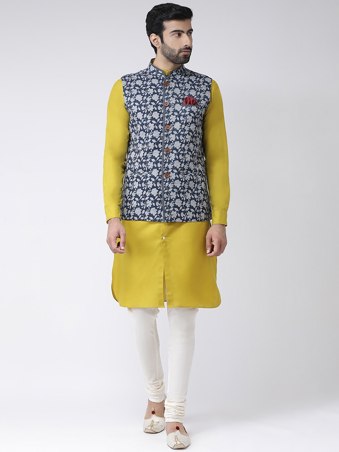 

KISAH Men Blue & Mustard Yellow Printed Kurta with Churidar & Nehru Jacket
