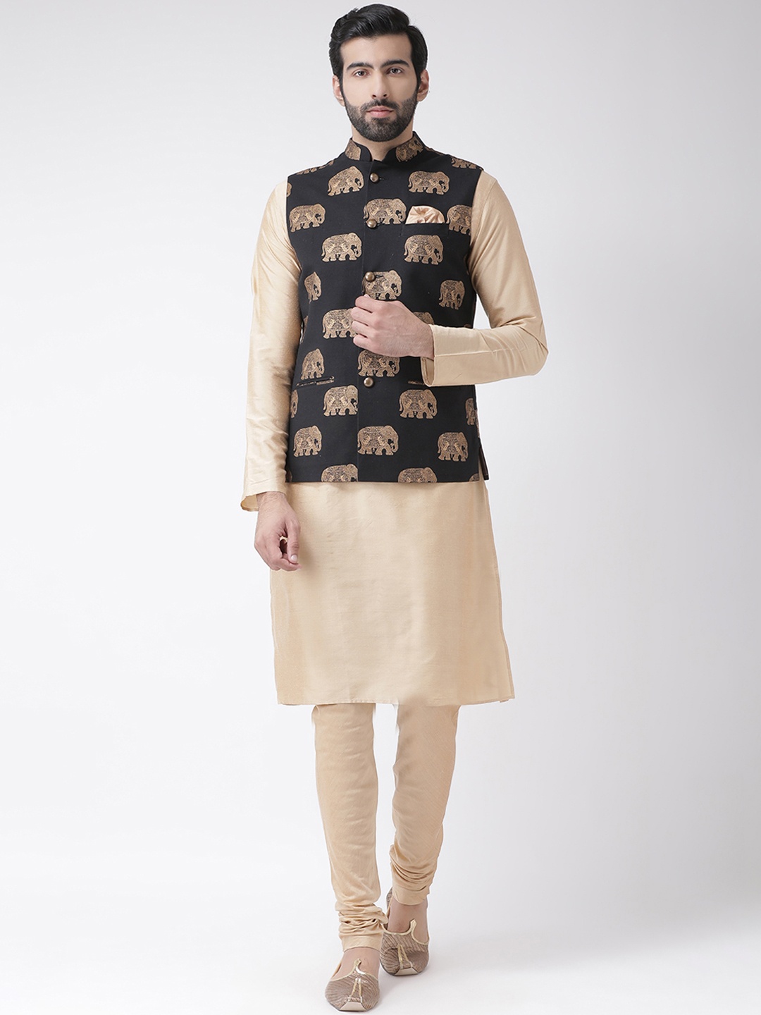 

KISAH Men Black & Cream-Coloured Printed Kurta with Churidar & Nehru Jacket