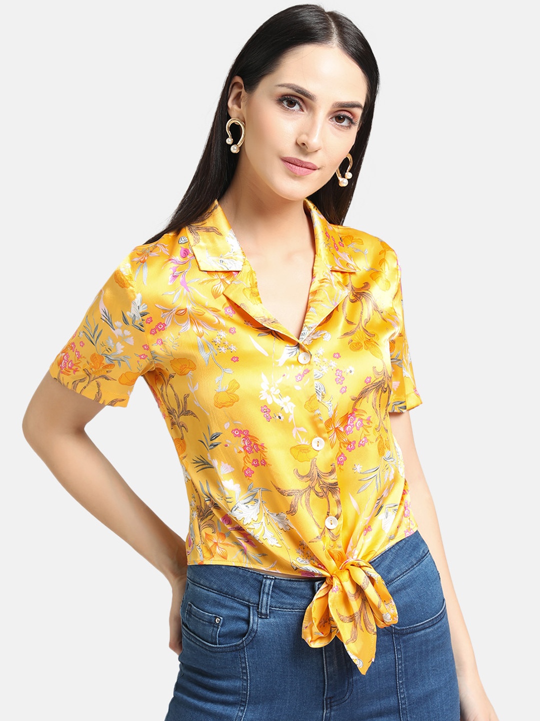 Kazo Women Yellow Regular Fit Printed Casual Shirt