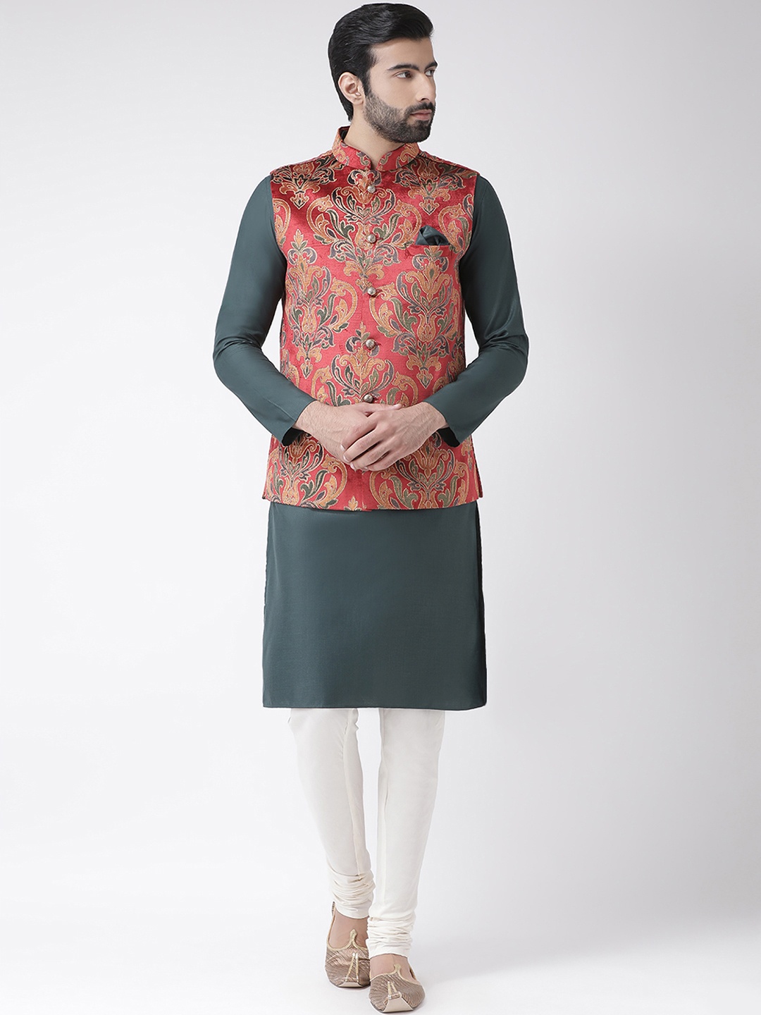

KISAH Men Maroon & Green Printed Kurta with Churidar & Nehru Jacket Set