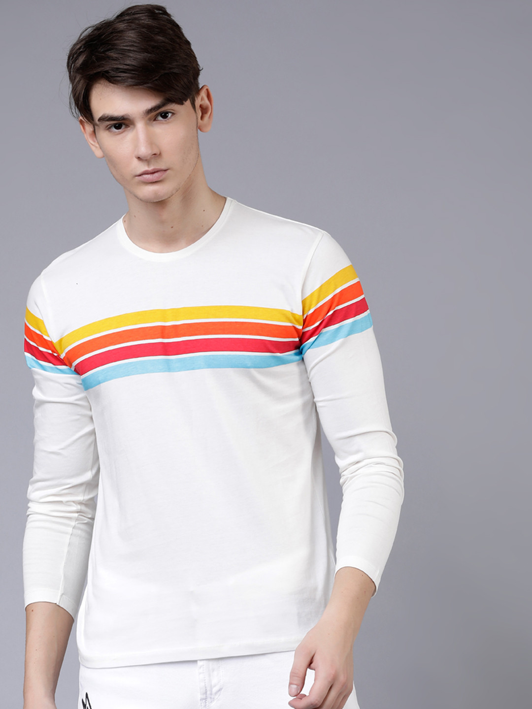 

LOCOMOTIVE Men White Striped Round Neck T-shirt