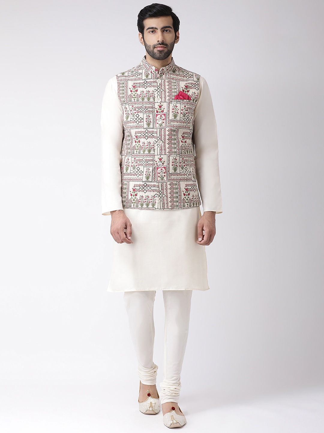 

KISAH Men Floral Printed Regular Fit Kurta Jacket Churidar Set, Cream