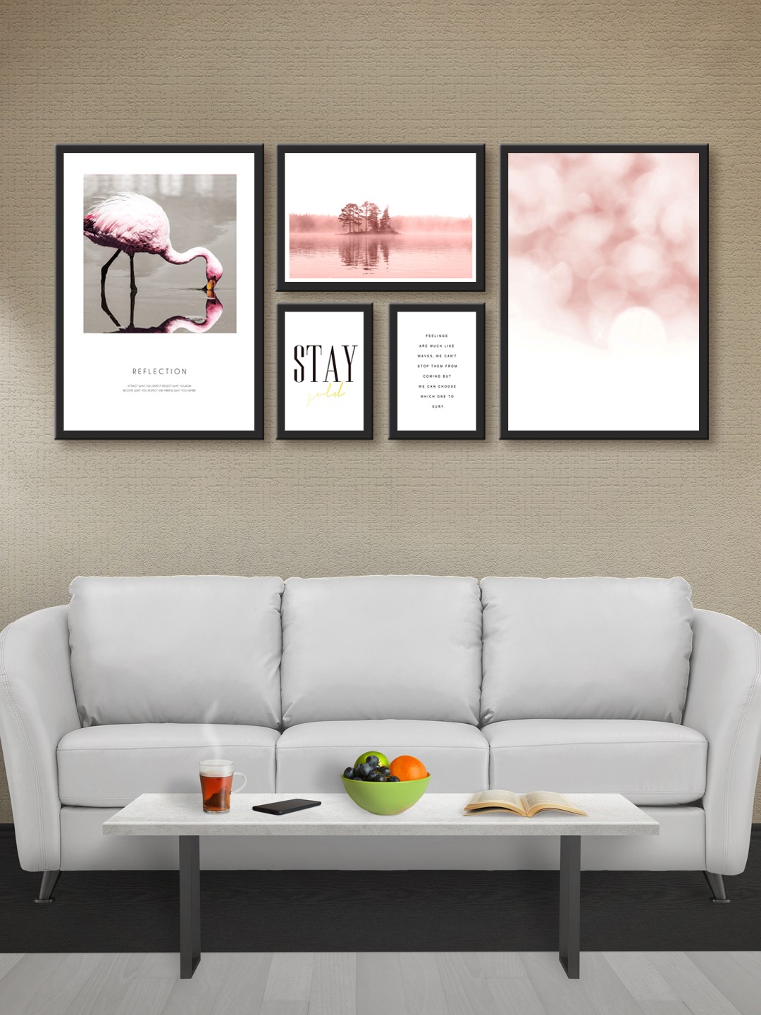 

999Store Set of 5 White & Pink Printed MDF Wall Art