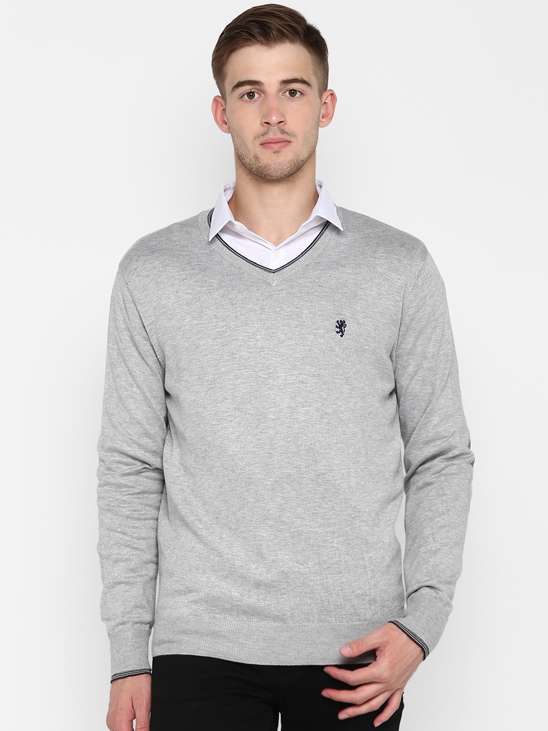

Red Tape Men Grey Melange & Navy Blue Solid Sweater