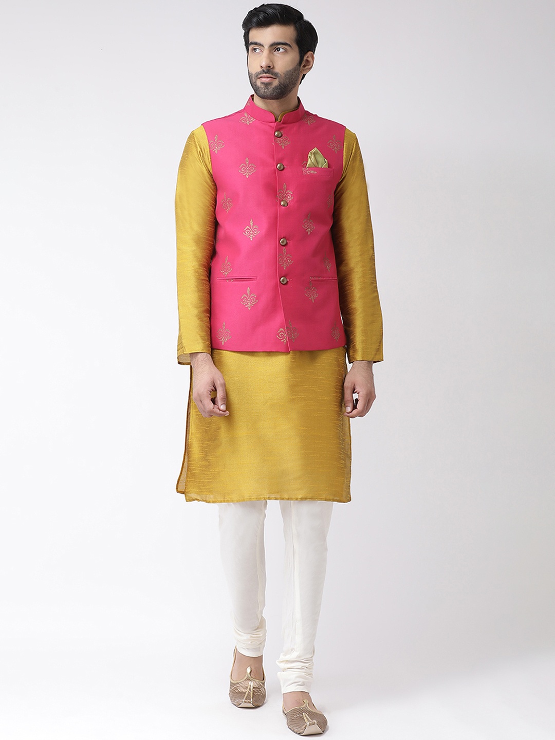 

KISAH Men Mustard Solid Kurta with Churidar & Nehru Jacket