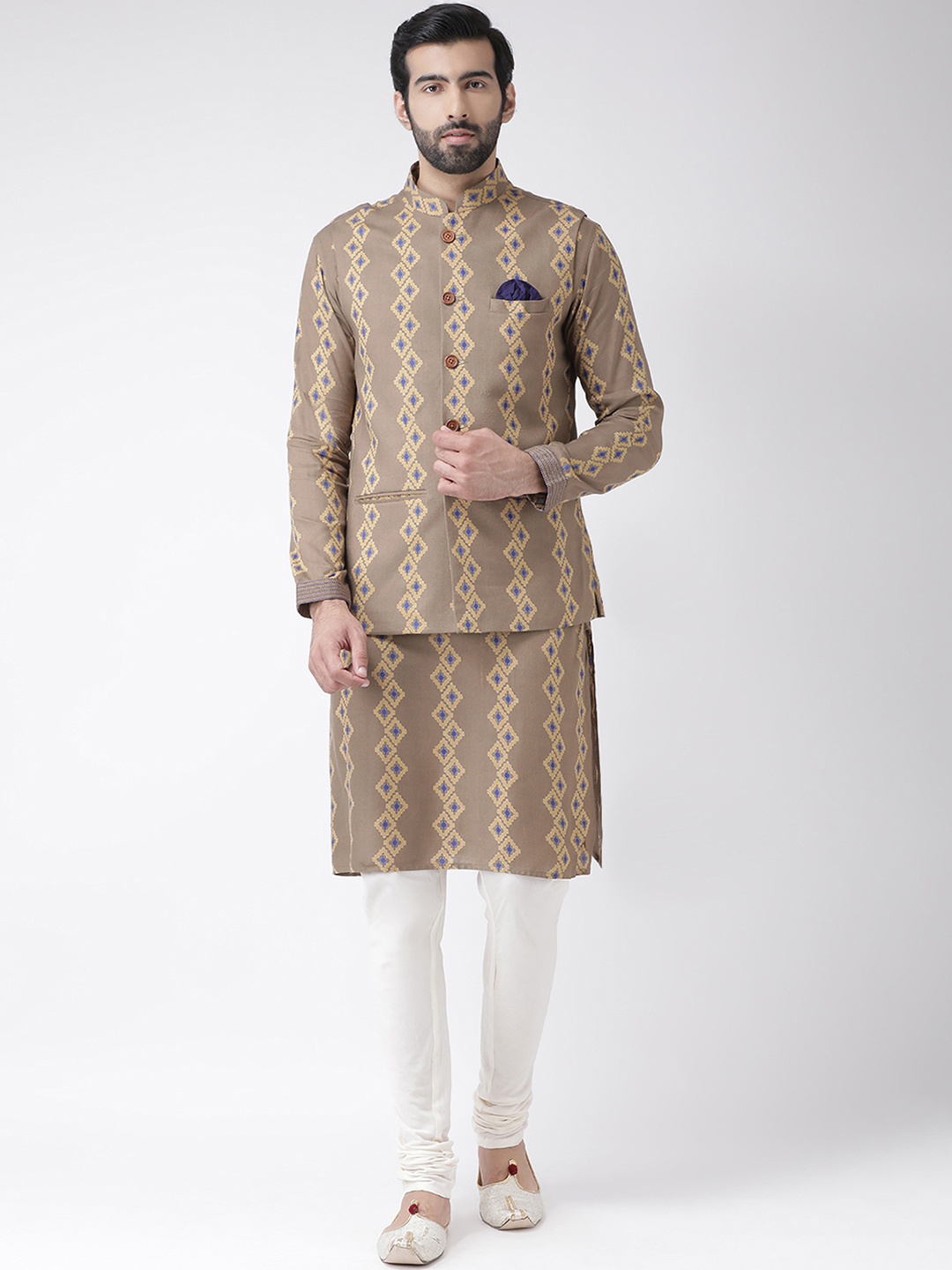 

KISAH Men Khaki & Blue Printed Kurta with Churidar