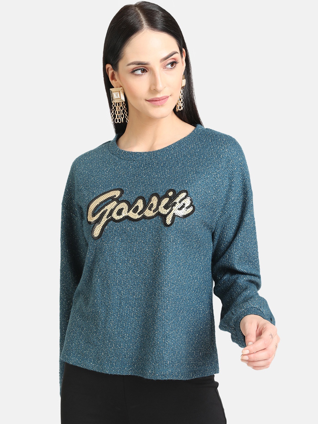 

Kazo Women Teal Green Solid Sweatshirt with Embellished Detail
