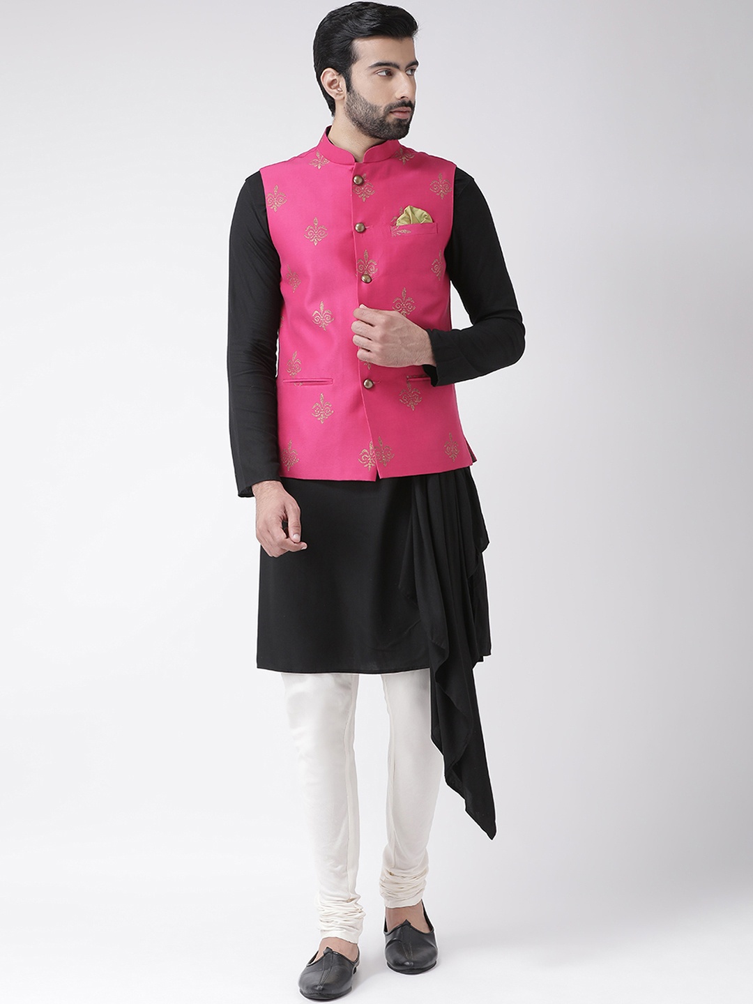 

KISAH Men Black Solid Kurta with Churidar & Nehru Jacket