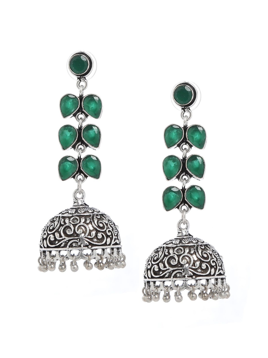 

Bamboo Tree Jewels Green & Silver-Toned Dome Shaped Jhumkas