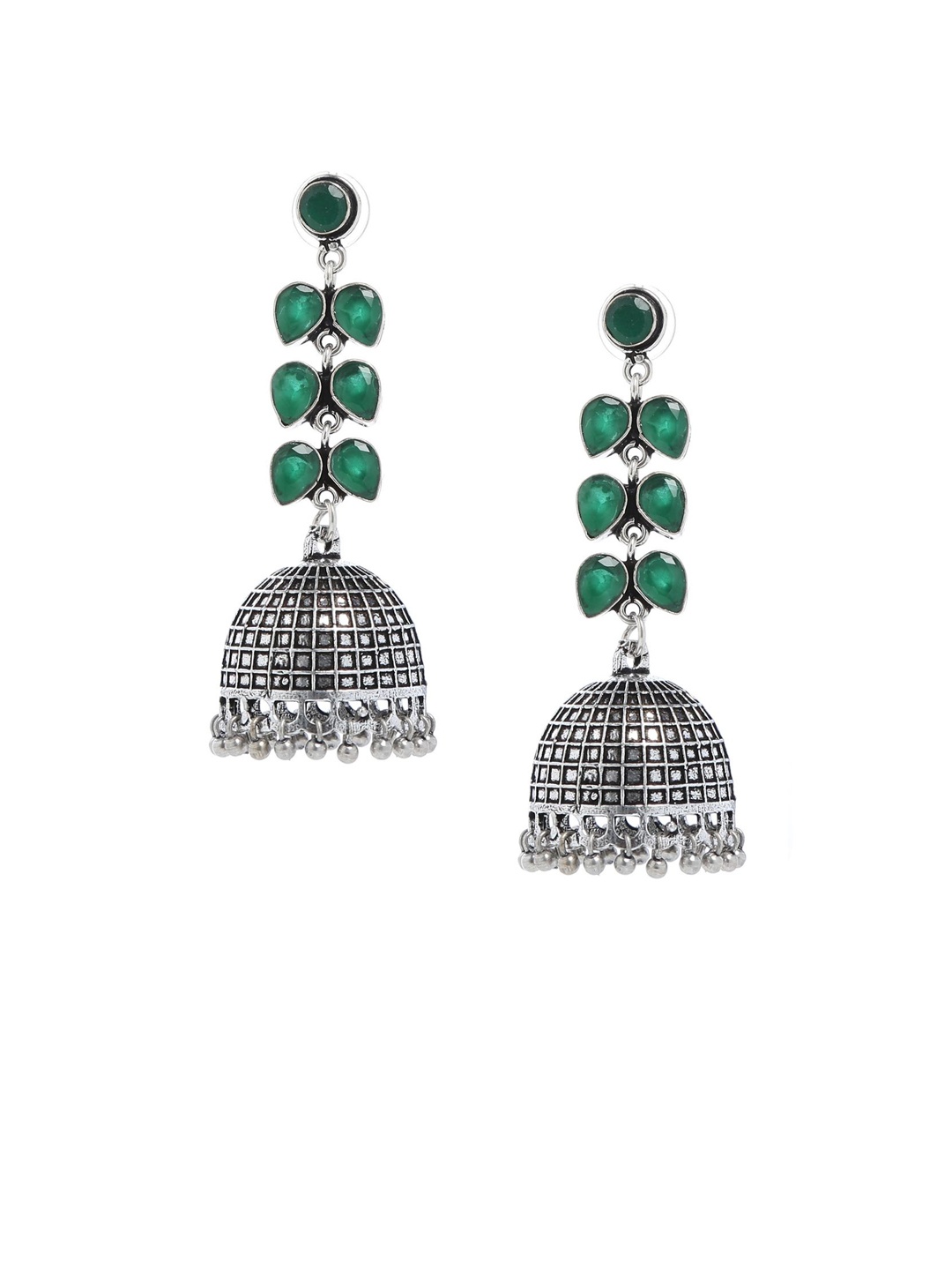 

Bamboo Tree Jewels Green & Silver-Toned Dome Shaped Jhumkas