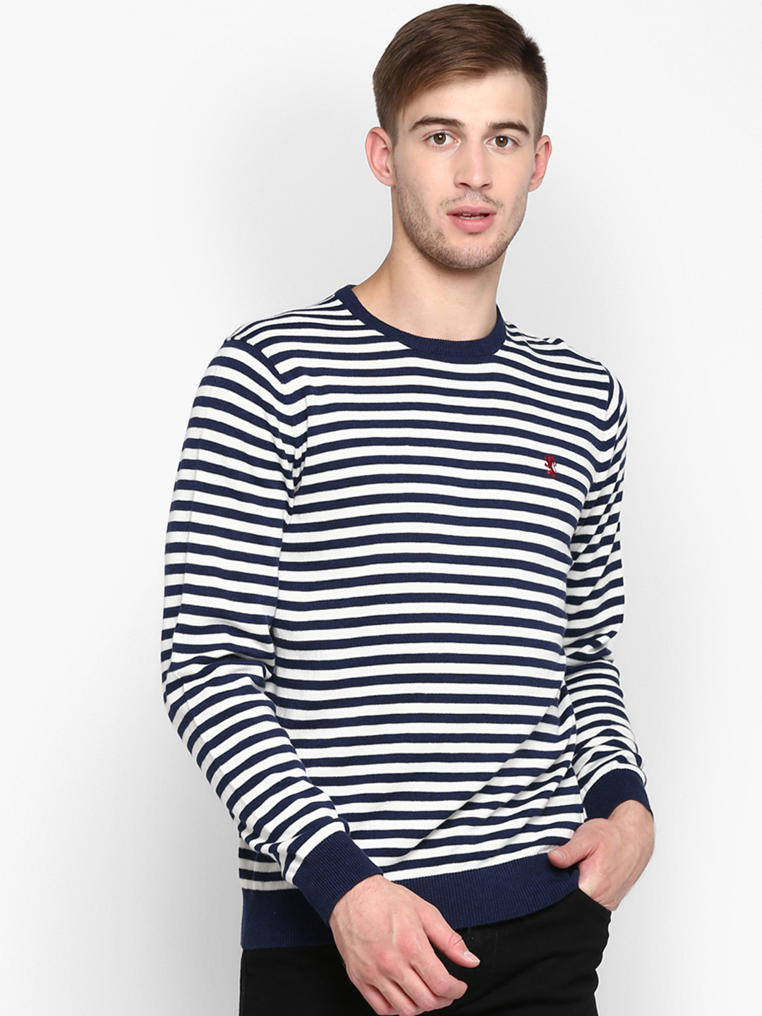 

Red Tape Men White & Navy Blue Striped Sweater
