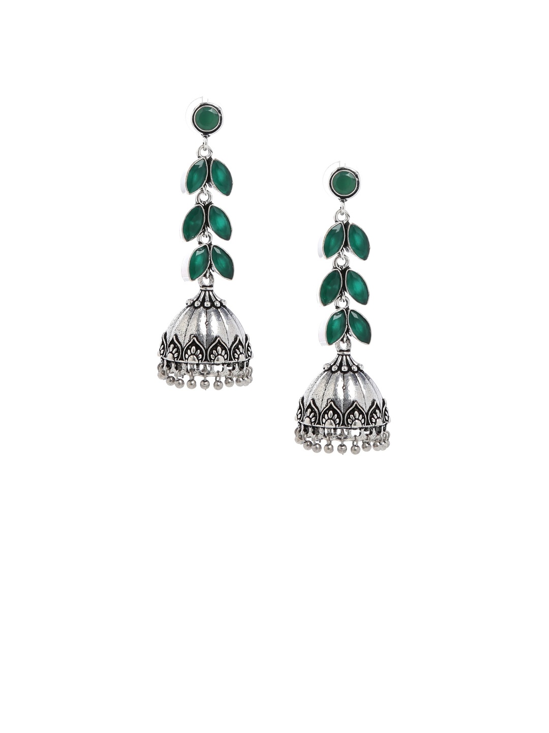 

Bamboo Tree Jewels Green & Silver-Toned Dome Shaped Jhumkas