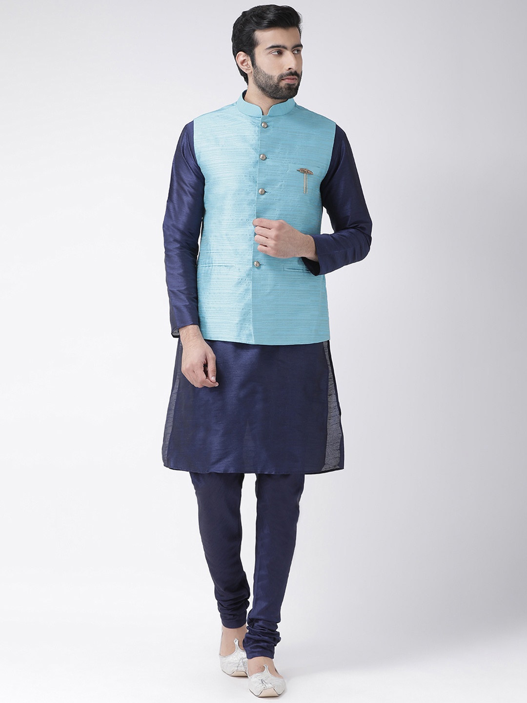 KISAH Men Blue Solid Kurta with Churidar & Nehru Jacket