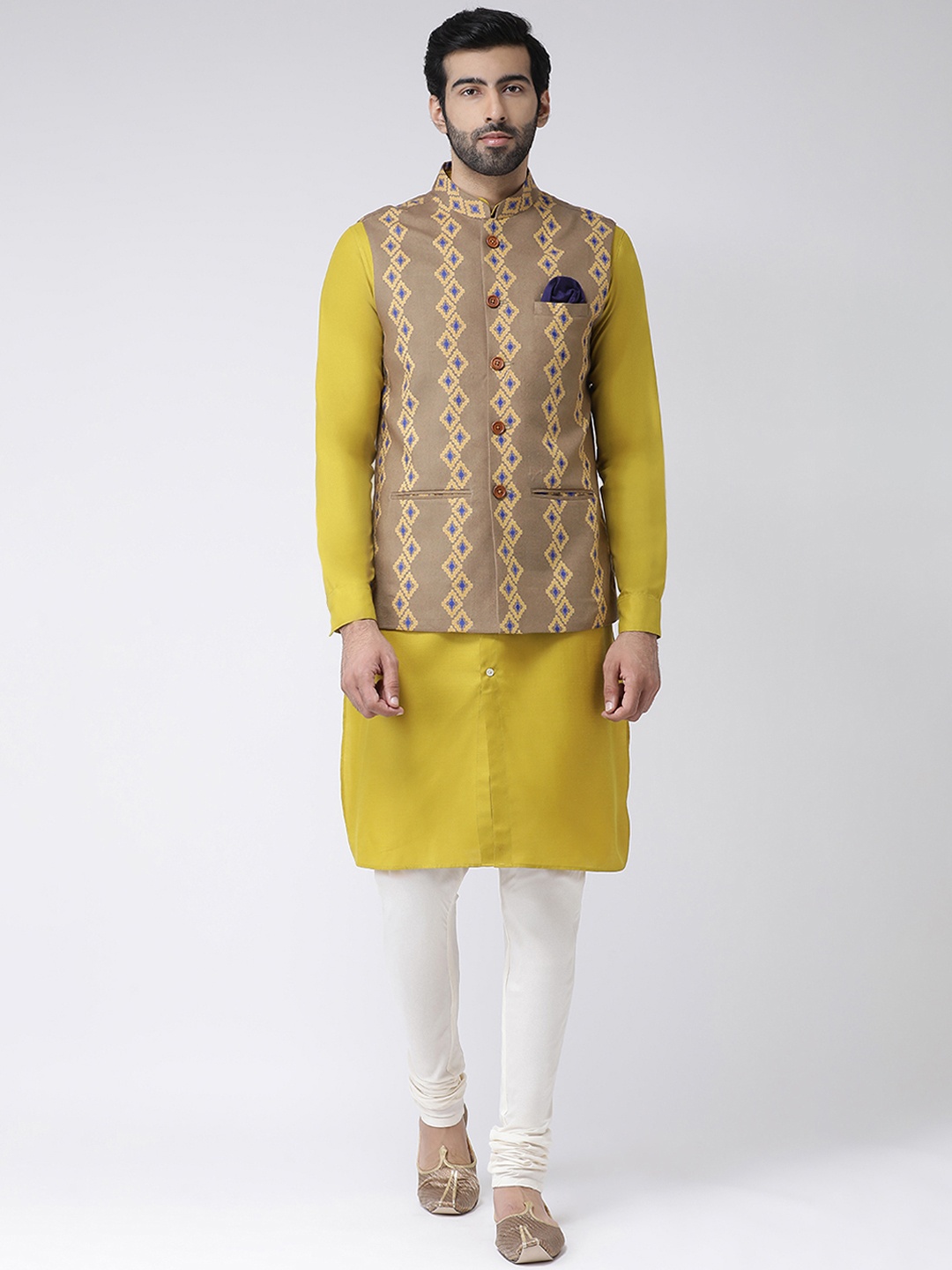 KISAH Men Khaki & Blue Solid Kurta with Churidar