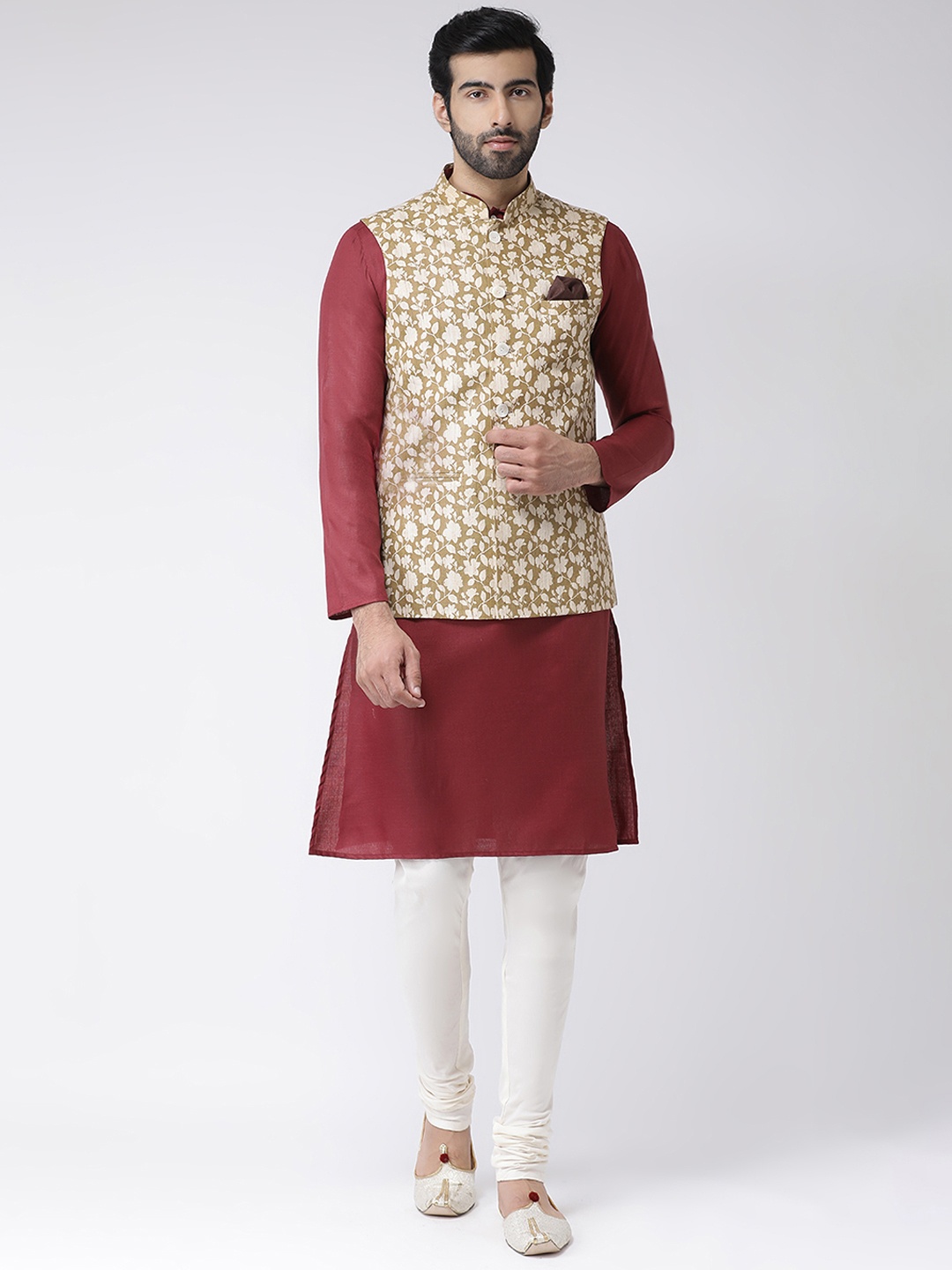 

KISAH Men Brown & Cream-Coloured Printed Kurta with Churidar & Nehru Jacket