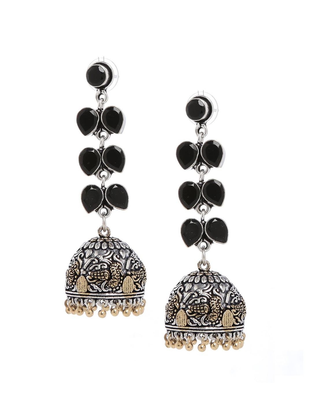 

Bamboo Tree Jewels Black & Silver-Toned Contemporary Jhumkas
