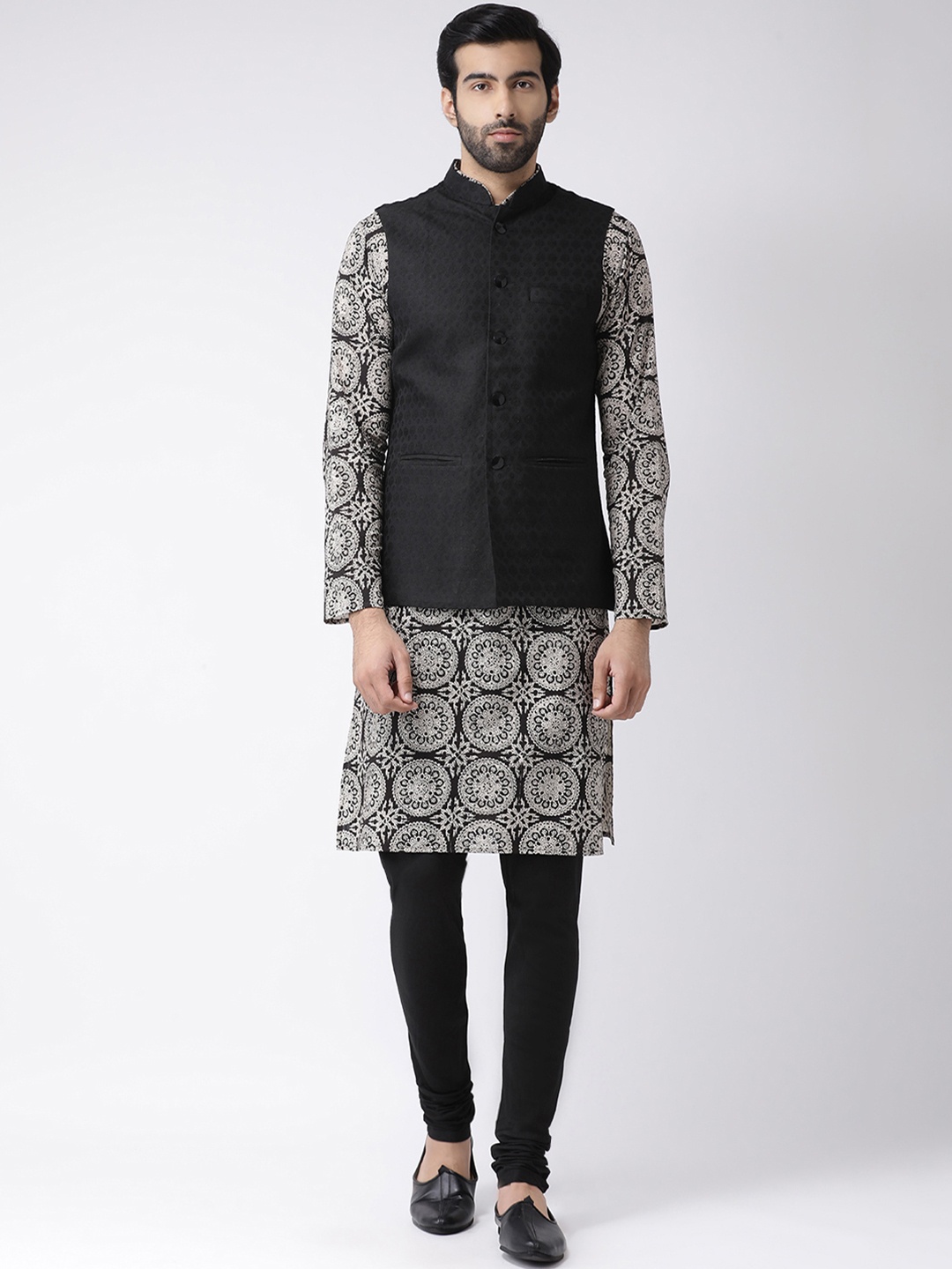 

KISAH Men Black & White Self Design Kurta with Churidar & Nehru Jacket