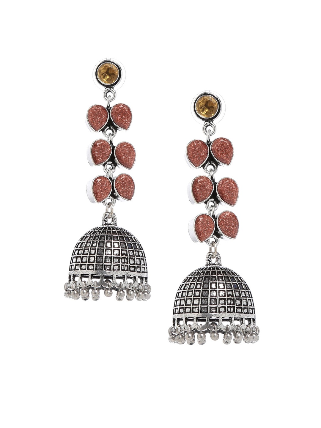 

Bamboo Tree Jewels Brown & Silver-Toned Dome Shaped Jhumkas
