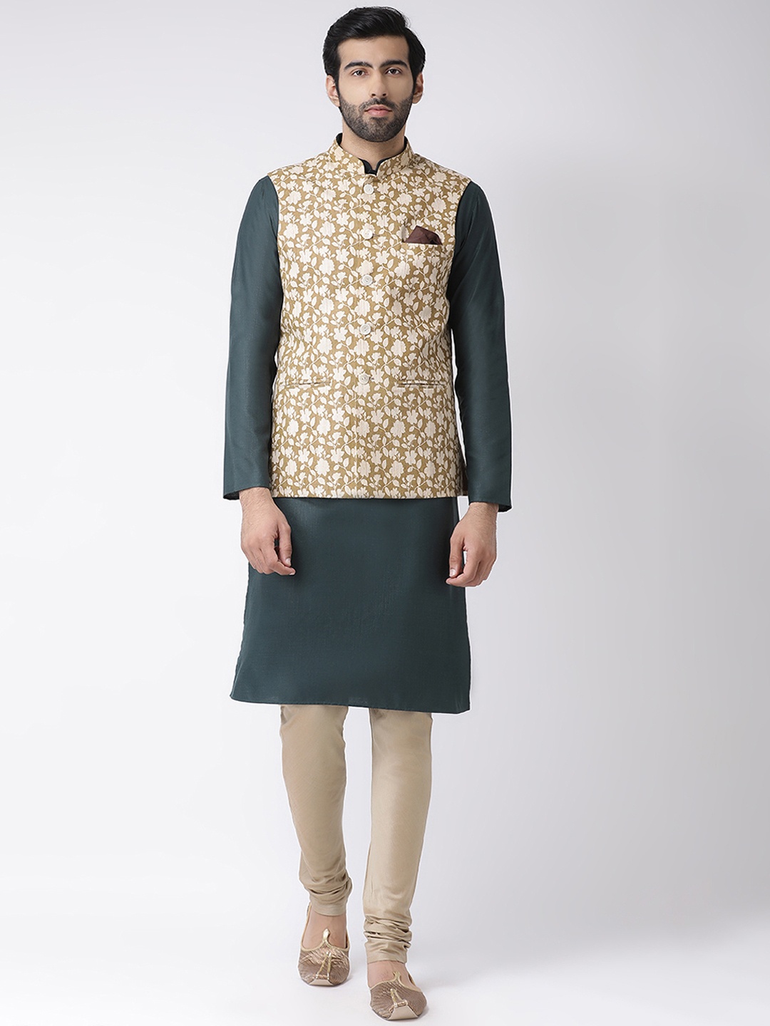 

KISAH Men Beige & Grey Printed Kurta with Churidar & Nehru Jacket