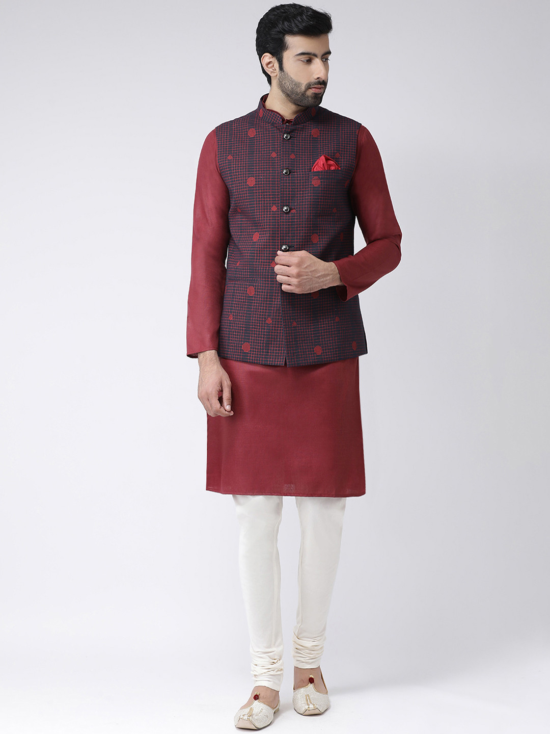 

KISAH Men Red & Cream-Coloured Printed Kurta with Churidar